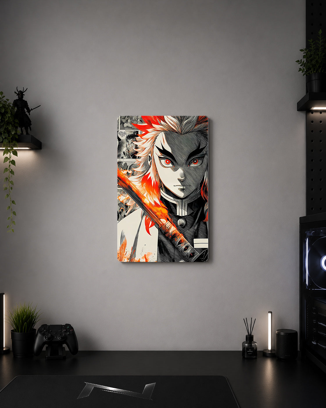 Demon Slayer Rengoku Manga Sketch & Flame Katana Metal Duvar Tablosu